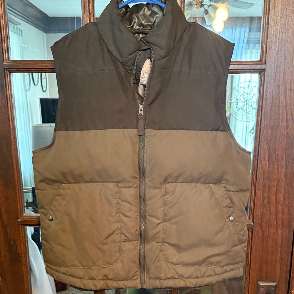 St Johns Bay Mens Puffer Vest Brown Olive Green Quilted Full Zip Size‎ Large